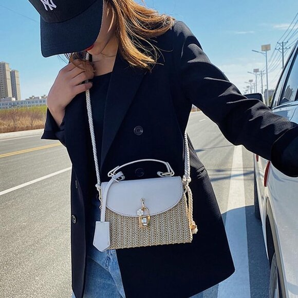 Straw Square Bag Rattan Beach Purse Crossbody Shoulder Tote for Women - Picture 3 of 5